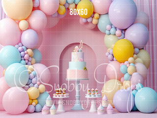 Pastel Balloons and Cake Arch Backdrop-Fabric Photography Backdrop-Snobby Drops Fabric Backdrops for Photography, Exclusive Designs by Tara Mapes Photography, Enchanted Eye Creations by Tara Mapes, photography backgrounds, photography backdrops, fast shipping, US backdrops, cheap photography backdrops