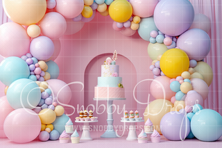 Pastel Balloons and Cake Arch Backdrop-Fabric Photography Backdrop-Snobby Drops Fabric Backdrops for Photography, Exclusive Designs by Tara Mapes Photography, Enchanted Eye Creations by Tara Mapes, photography backgrounds, photography backdrops, fast shipping, US backdrops, cheap photography backdrops