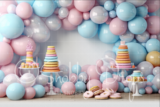 Pastel Balloons and Donuts Cake Smash Tot Drop-Fabric Photography Tot Drop-Snobby Drops Fabric Backdrops for Photography, Exclusive Designs by Tara Mapes Photography, Enchanted Eye Creations by Tara Mapes, photography backgrounds, photography backdrops, fast shipping, US backdrops, cheap photography backdrops