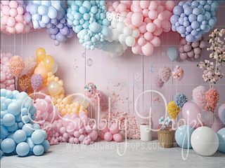 Pastel Balloons Themed Cake Smash Fabric Backdrop-Fabric Photography Backdrop-Snobby Drops Fabric Backdrops for Photography, Exclusive Designs by Tara Mapes Photography, Enchanted Eye Creations by Tara Mapes, photography backgrounds, photography backdrops, fast shipping, US backdrops, cheap photography backdrops