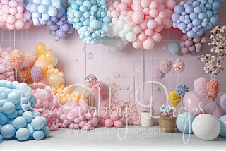 Pastel Balloons Themed Cake Smash Fabric Backdrop-Fabric Photography Backdrop-Snobby Drops Fabric Backdrops for Photography, Exclusive Designs by Tara Mapes Photography, Enchanted Eye Creations by Tara Mapes, photography backgrounds, photography backdrops, fast shipping, US backdrops, cheap photography backdrops