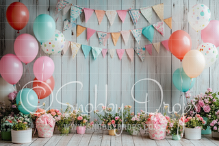 Pastel Birthday Balloon and Banners Fabric Backdrop-Fabric Photography Backdrop-Snobby Drops Fabric Backdrops for Photography, Exclusive Designs by Tara Mapes Photography, Enchanted Eye Creations by Tara Mapes, photography backgrounds, photography backdrops, fast shipping, US backdrops, cheap photography backdrops