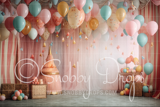 Pastel Birthday Balloons Fabric Tot Drop-Fabric Photography Tot Drop-Snobby Drops Fabric Backdrops for Photography, Exclusive Designs by Tara Mapes Photography, Enchanted Eye Creations by Tara Mapes, photography backgrounds, photography backdrops, fast shipping, US backdrops, cheap photography backdrops