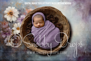 Pastel Blue and Purple Flowers Newborn Fabric Rubber Backed Floor Wee Drop-Newborn Rubber Backed Photography Floor-Snobby Drops Fabric Backdrops for Photography, Exclusive Designs by Tara Mapes Photography, Enchanted Eye Creations by Tara Mapes, photography backgrounds, photography backdrops, fast shipping, US backdrops, cheap photography backdrops