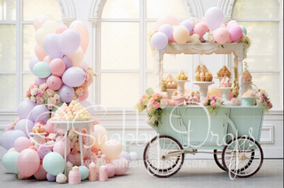 Pastel Cake Cart with Balloons Fabric Backdrop-Fabric Photography Backdrop-Snobby Drops Fabric Backdrops for Photography, Exclusive Designs by Tara Mapes Photography, Enchanted Eye Creations by Tara Mapes, photography backgrounds, photography backdrops, fast shipping, US backdrops, cheap photography backdrops