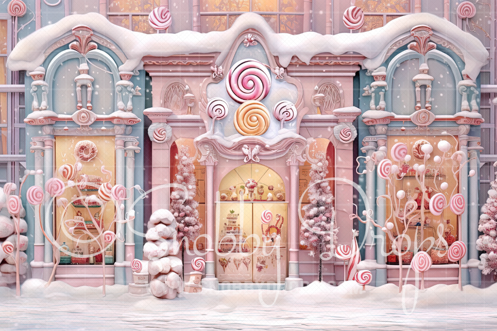 Pastel Candy Shop Storefront Fabric Backdrop exclusive at SnobbyDrops Snobby Drops