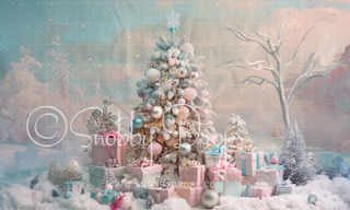 Pastel Christmas Tree in Snow Fabric Backdrop-Fabric Photography Backdrop-Snobby Drops Fabric Backdrops for Photography, Exclusive Designs by Tara Mapes Photography, Enchanted Eye Creations by Tara Mapes, photography backgrounds, photography backdrops, fast shipping, US backdrops, cheap photography backdrops