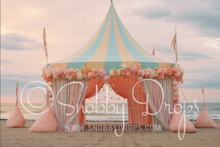 Pastel Circus Tent on Beach Fabric Backdrop-Fabric Photography Backdrop-Snobby Drops Fabric Backdrops for Photography, Exclusive Designs by Tara Mapes Photography, Enchanted Eye Creations by Tara Mapes, photography backgrounds, photography backdrops, fast shipping, US backdrops, cheap photography backdrops