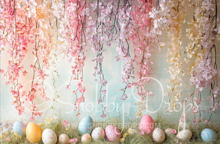 Pastel Easter Eggs and Flowers Fabric Backdrop-Fabric Photography Backdrop-Snobby Drops Fabric Backdrops for Photography, Exclusive Designs by Tara Mapes Photography, Enchanted Eye Creations by Tara Mapes, photography backgrounds, photography backdrops, fast shipping, US backdrops, cheap photography backdrops