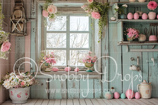 Pastel Easter Kitchen Window Fabric Backdrop-Fabric Photography Backdrop-Snobby Drops Fabric Backdrops for Photography, Exclusive Designs by Tara Mapes Photography, Enchanted Eye Creations by Tara Mapes, photography backgrounds, photography backdrops, fast shipping, US backdrops, cheap photography backdrops