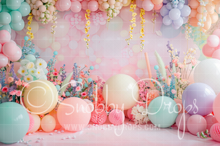 Pastel Flowers and Balloons Fabric Backdrop-Fabric Photography Backdrop-Snobby Drops Fabric Backdrops for Photography, Exclusive Designs by Tara Mapes Photography, Enchanted Eye Creations by Tara Mapes, photography backgrounds, photography backdrops, fast shipping, US backdrops, cheap photography backdrops