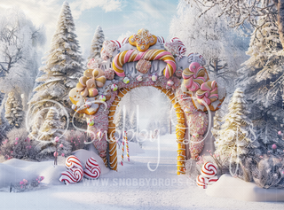Pastel Gingerbread Arch Fabric Backdrop-Fabric Photography Backdrop-Snobby Drops Fabric Backdrops for Photography, Exclusive Designs by Tara Mapes Photography, Enchanted Eye Creations by Tara Mapes, photography backgrounds, photography backdrops, fast shipping, US backdrops, cheap photography backdrops