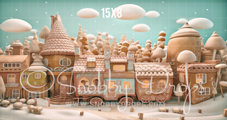 Pastel Gingerbread Town Fabric Backdrop-Fabric Photography Backdrop-Snobby Drops Fabric Backdrops for Photography, Exclusive Designs by Tara Mapes Photography, Enchanted Eye Creations by Tara Mapes, photography backgrounds, photography backdrops, fast shipping, US backdrops, cheap photography backdrops