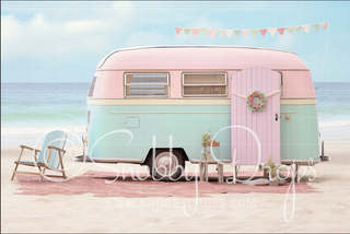 Pastel Ice Cream Truck on Beach Fabric Backdrop-Fabric Photography Backdrop-Snobby Drops Fabric Backdrops for Photography, Exclusive Designs by Tara Mapes Photography, Enchanted Eye Creations by Tara Mapes, photography backgrounds, photography backdrops, fast shipping, US backdrops, cheap photography backdrops