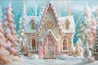 Pastel Pink and White Gingerbread House Fabric Backdrop-Fabric Photography Backdrop-Snobby Drops Fabric Backdrops for Photography, Exclusive Designs by Tara Mapes Photography, Enchanted Eye Creations by Tara Mapes, photography backgrounds, photography backdrops, fast shipping, US backdrops, cheap photography backdrops