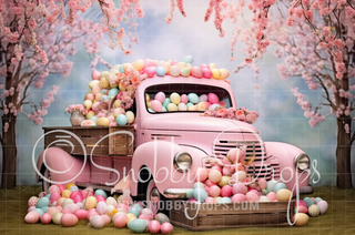 Pastel Pink Easter Egg Truck Fabric Backdrop-Fabric Photography Backdrop-Snobby Drops Fabric Backdrops for Photography, Exclusive Designs by Tara Mapes Photography, Enchanted Eye Creations by Tara Mapes, photography backgrounds, photography backdrops, fast shipping, US backdrops, cheap photography backdrops