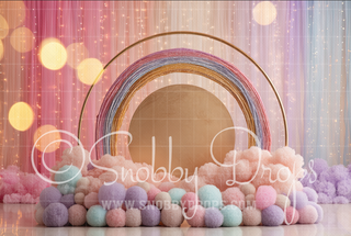 Pastel Rainbow Arch and Puff Balls Cake Smash Fabric Backdrop-Fabric Photography Backdrop-Snobby Drops Fabric Backdrops for Photography, Exclusive Designs by Tara Mapes Photography, Enchanted Eye Creations by Tara Mapes, photography backgrounds, photography backdrops, fast shipping, US backdrops, cheap photography backdrops