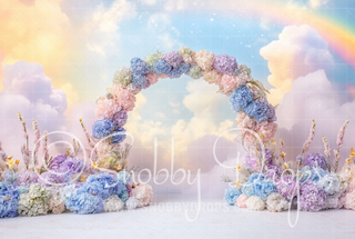 Pastel Rainbow Flower Arch and Stars Fabric Backdrop-Fabric Photography Backdrop-Snobby Drops Fabric Backdrops for Photography, Exclusive Designs by Tara Mapes Photography, Enchanted Eye Creations by Tara Mapes, photography backgrounds, photography backdrops, fast shipping, US backdrops, cheap photography backdrops