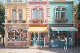 Pastel Shops City Storefront Fabric Backdrop-Fabric Photography Backdrop-Snobby Drops Fabric Backdrops for Photography, Exclusive Designs by Tara Mapes Photography, Enchanted Eye Creations by Tara Mapes, photography backgrounds, photography backdrops, fast shipping, US backdrops, cheap photography backdrops