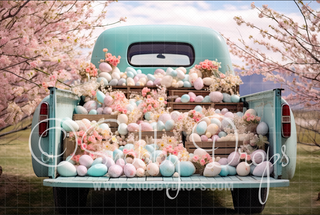 Pastel Teal Easter Egg Truck Fabric Backdrop-Fabric Photography Backdrop-Snobby Drops Fabric Backdrops for Photography, Exclusive Designs by Tara Mapes Photography, Enchanted Eye Creations by Tara Mapes, photography backgrounds, photography backdrops, fast shipping, US backdrops, cheap photography backdrops