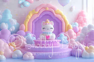 Pastel Unicorn and Balloons Fabric Backdrop-Fabric Photography Backdrop-Snobby Drops Fabric Backdrops for Photography, Exclusive Designs by Tara Mapes Photography, Enchanted Eye Creations by Tara Mapes, photography backgrounds, photography backdrops, fast shipping, US backdrops, cheap photography backdrops