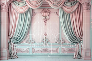 Pastel Victorian Room with Curtains Fabric Backdrop-Fabric Photography Backdrop-Snobby Drops Fabric Backdrops for Photography, Exclusive Designs by Tara Mapes Photography, Enchanted Eye Creations by Tara Mapes, photography backgrounds, photography backdrops, fast shipping, US backdrops, cheap photography backdrops
