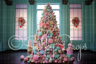 Pastel Whimsyville Christmas Tree Fabric Backdrop-Fabric Photography Backdrop-Snobby Drops Fabric Backdrops for Photography, Exclusive Designs by Tara Mapes Photography, Enchanted Eye Creations by Tara Mapes, photography backgrounds, photography backdrops, fast shipping, US backdrops, cheap photography backdrops