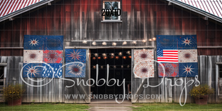 Patriotic Rustic Barn Fabric Backdrop - Fourth of July Fabric Backdrop-Fabric Photography Backdrop-Snobby Drops Fabric Backdrops for Photography, Exclusive Designs by Tara Mapes Photography, Enchanted Eye Creations by Tara Mapes, photography backgrounds, photography backdrops, fast shipping, US backdrops, cheap photography backdrops