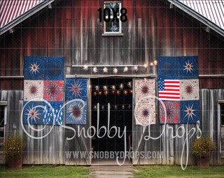 Patriotic Rustic Barn Fabric Backdrop - Fourth of July Fabric Backdrop-Fabric Photography Backdrop-Snobby Drops Fabric Backdrops for Photography, Exclusive Designs by Tara Mapes Photography, Enchanted Eye Creations by Tara Mapes, photography backgrounds, photography backdrops, fast shipping, US backdrops, cheap photography backdrops