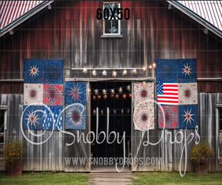 Patriotic Rustic Barn Fabric Backdrop - Fourth of July Fabric Backdrop-Fabric Photography Backdrop-Snobby Drops Fabric Backdrops for Photography, Exclusive Designs by Tara Mapes Photography, Enchanted Eye Creations by Tara Mapes, photography backgrounds, photography backdrops, fast shipping, US backdrops, cheap photography backdrops