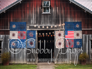 Patriotic Rustic Barn Fabric Backdrop - Fourth of July Fabric Backdrop-Fabric Photography Backdrop-Snobby Drops Fabric Backdrops for Photography, Exclusive Designs by Tara Mapes Photography, Enchanted Eye Creations by Tara Mapes, photography backgrounds, photography backdrops, fast shipping, US backdrops, cheap photography backdrops