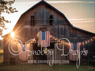 Patriotic Rustic Barn Fabric Backdrop - Fourth of July Fabric Backdrop-Fabric Photography Backdrop-Snobby Drops Fabric Backdrops for Photography, Exclusive Designs by Tara Mapes Photography, Enchanted Eye Creations by Tara Mapes, photography backgrounds, photography backdrops, fast shipping, US backdrops, cheap photography backdrops