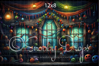 Peering Pumpkins Window Dark Christmas Window Halloween Fabric Backdrop-Fabric Photography Backdrop-Snobby Drops Fabric Backdrops for Photography, Exclusive Designs by Tara Mapes Photography, Enchanted Eye Creations by Tara Mapes, photography backgrounds, photography backdrops, fast shipping, US backdrops, cheap photography backdrops