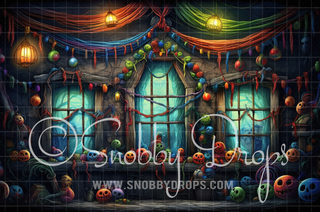 Peering Pumpkins Window Dark Christmas Window Halloween Fabric Backdrop-Fabric Photography Backdrop-Snobby Drops Fabric Backdrops for Photography, Exclusive Designs by Tara Mapes Photography, Enchanted Eye Creations by Tara Mapes, photography backgrounds, photography backdrops, fast shipping, US backdrops, cheap photography backdrops