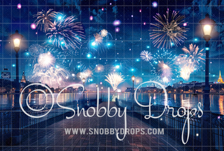 Pier with Fireworks Fabric Backdrop-Fabric Photography Backdrop-Snobby Drops Fabric Backdrops for Photography, Exclusive Designs by Tara Mapes Photography, Enchanted Eye Creations by Tara Mapes, photography backgrounds, photography backdrops, fast shipping, US backdrops, cheap photography backdrops