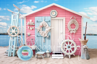 Pink and Blue Surf Beach Shack Fabric Backdrop-Fabric Photography Backdrop-Snobby Drops Fabric Backdrops for Photography, Exclusive Designs by Tara Mapes Photography, Enchanted Eye Creations by Tara Mapes, photography backgrounds, photography backdrops, fast shipping, US backdrops, cheap photography backdrops