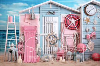 Pink and Blue Surf Beach Shack Fabric Backdrop-Fabric Photography Backdrop-Snobby Drops Fabric Backdrops for Photography, Exclusive Designs by Tara Mapes Photography, Enchanted Eye Creations by Tara Mapes, photography backgrounds, photography backdrops, fast shipping, US backdrops, cheap photography backdrops