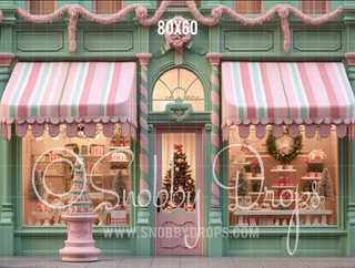 Pink and Green Christmas Shop Storefront Fabric Backdrop-Fabric Photography Backdrop-Snobby Drops Fabric Backdrops for Photography, Exclusive Designs by Tara Mapes Photography, Enchanted Eye Creations by Tara Mapes, photography backgrounds, photography backdrops, fast shipping, US backdrops, cheap photography backdrops