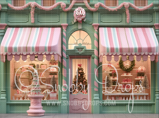 Pink and Green Christmas Shop Storefront Fabric Backdrop-Fabric Photography Backdrop-Snobby Drops Fabric Backdrops for Photography, Exclusive Designs by Tara Mapes Photography, Enchanted Eye Creations by Tara Mapes, photography backgrounds, photography backdrops, fast shipping, US backdrops, cheap photography backdrops