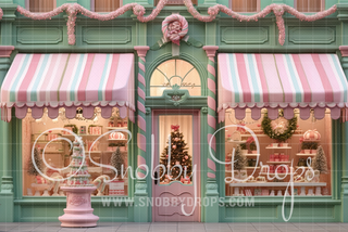 Pink and Green Christmas Shop Storefront Fabric Backdrop-Fabric Photography Backdrop-Snobby Drops Fabric Backdrops for Photography, Exclusive Designs by Tara Mapes Photography, Enchanted Eye Creations by Tara Mapes, photography backgrounds, photography backdrops, fast shipping, US backdrops, cheap photography backdrops