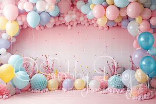 Pink and Pastel Party Balloons on Wall Fabric Backdrop-Fabric Photography Backdrop-Snobby Drops Fabric Backdrops for Photography, Exclusive Designs by Tara Mapes Photography, Enchanted Eye Creations by Tara Mapes, photography backgrounds, photography backdrops, fast shipping, US backdrops, cheap photography backdrops