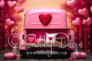 Pink and Red Valentine Truck Valentine Fabric Backdrop-Fabric Photography Backdrop-Snobby Drops Fabric Backdrops for Photography, Exclusive Designs by Tara Mapes Photography, Enchanted Eye Creations by Tara Mapes, photography backgrounds, photography backdrops, fast shipping, US backdrops, cheap photography backdrops