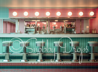 Pink and Teal 50s Diner Fabric Backdrop-Fabric Photography Backdrop-Snobby Drops Fabric Backdrops for Photography, Exclusive Designs by Tara Mapes Photography, Enchanted Eye Creations by Tara Mapes, photography backgrounds, photography backdrops, fast shipping, US backdrops, cheap photography backdrops