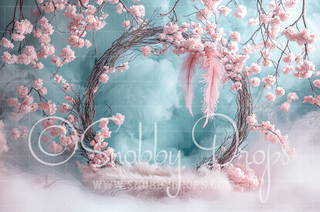 Pink and Teal Cherry Blossom Circle Fabric Backdrop-Fabric Photography Backdrop-Snobby Drops Fabric Backdrops for Photography, Exclusive Designs by Tara Mapes Photography, Enchanted Eye Creations by Tara Mapes, photography backgrounds, photography backdrops, fast shipping, US backdrops, cheap photography backdrops