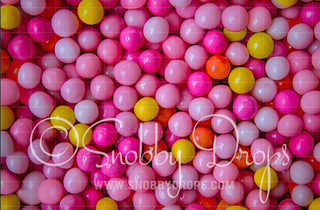 Pink and Yellow Gumballs Fabric Backdrop-Fabric Photography Backdrop-Snobby Drops Fabric Backdrops for Photography, Exclusive Designs by Tara Mapes Photography, Enchanted Eye Creations by Tara Mapes, photography backgrounds, photography backdrops, fast shipping, US backdrops, cheap photography backdrops