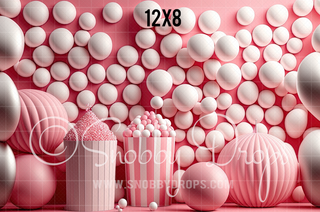 Pink Balloons and Balls Fabric Backdrop-Fabric Photography Backdrop-Snobby Drops Fabric Backdrops for Photography, Exclusive Designs by Tara Mapes Photography, Enchanted Eye Creations by Tara Mapes, photography backgrounds, photography backdrops, fast shipping, US backdrops, cheap photography backdrops