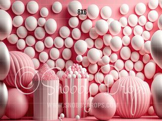 Pink Balloons and Balls Fabric Backdrop-Fabric Photography Backdrop-Snobby Drops Fabric Backdrops for Photography, Exclusive Designs by Tara Mapes Photography, Enchanted Eye Creations by Tara Mapes, photography backgrounds, photography backdrops, fast shipping, US backdrops, cheap photography backdrops