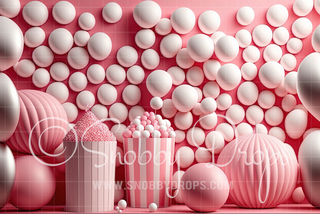 Pink Balloons and Balls Fabric Backdrop-Fabric Photography Backdrop-Snobby Drops Fabric Backdrops for Photography, Exclusive Designs by Tara Mapes Photography, Enchanted Eye Creations by Tara Mapes, photography backgrounds, photography backdrops, fast shipping, US backdrops, cheap photography backdrops