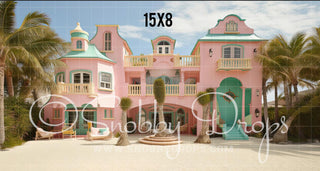 Pink Beach Doll Dreamhouse Fabric Backdrop-Fabric Photography Backdrop-Snobby Drops Fabric Backdrops for Photography, Exclusive Designs by Tara Mapes Photography, Enchanted Eye Creations by Tara Mapes, photography backgrounds, photography backdrops, fast shipping, US backdrops, cheap photography backdrops