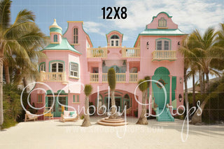 Pink Beach Doll Dreamhouse Fabric Backdrop-Fabric Photography Backdrop-Snobby Drops Fabric Backdrops for Photography, Exclusive Designs by Tara Mapes Photography, Enchanted Eye Creations by Tara Mapes, photography backgrounds, photography backdrops, fast shipping, US backdrops, cheap photography backdrops